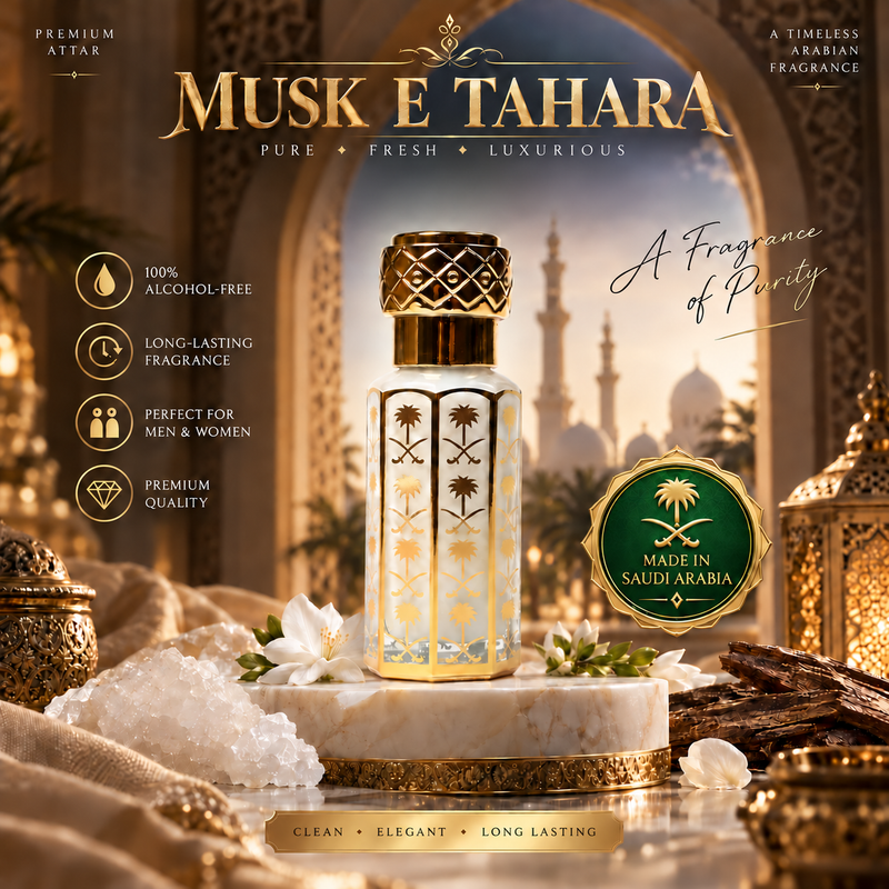 Musk E Tahara attar in a luxury Arabian setting with long-lasting alcohol-free fragrance
