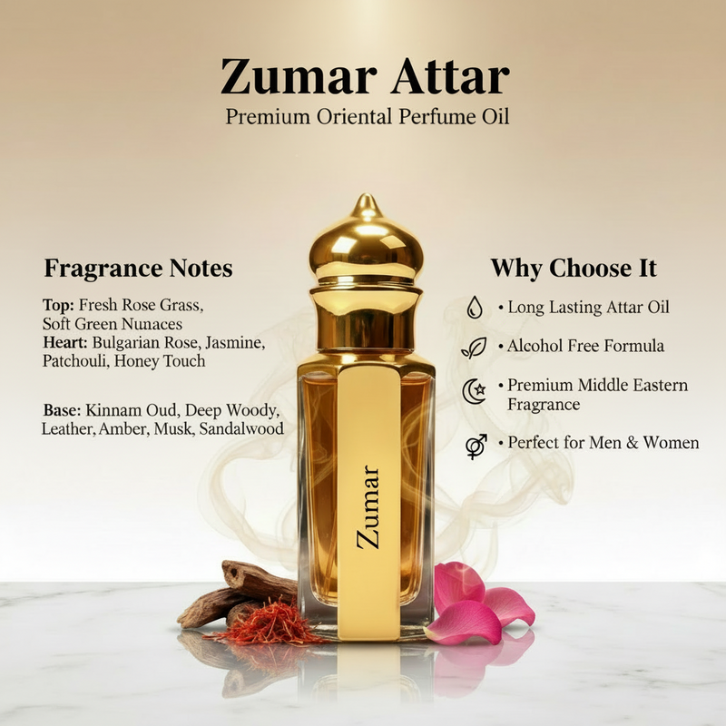 Zumar Attar bottle with oud rose saffron and amber fragrance
