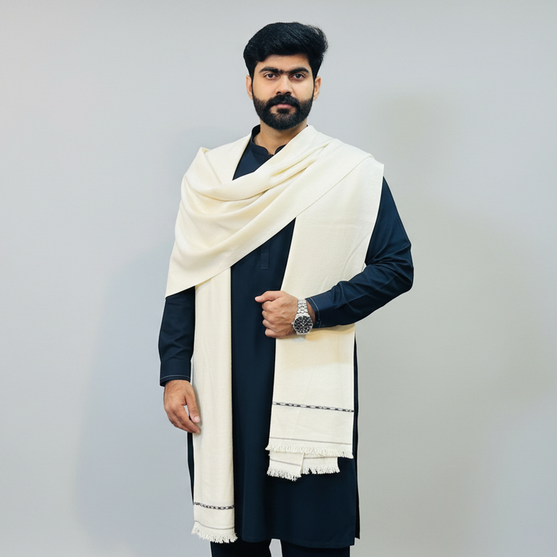Off white wool shawl for men by Mian Cloth